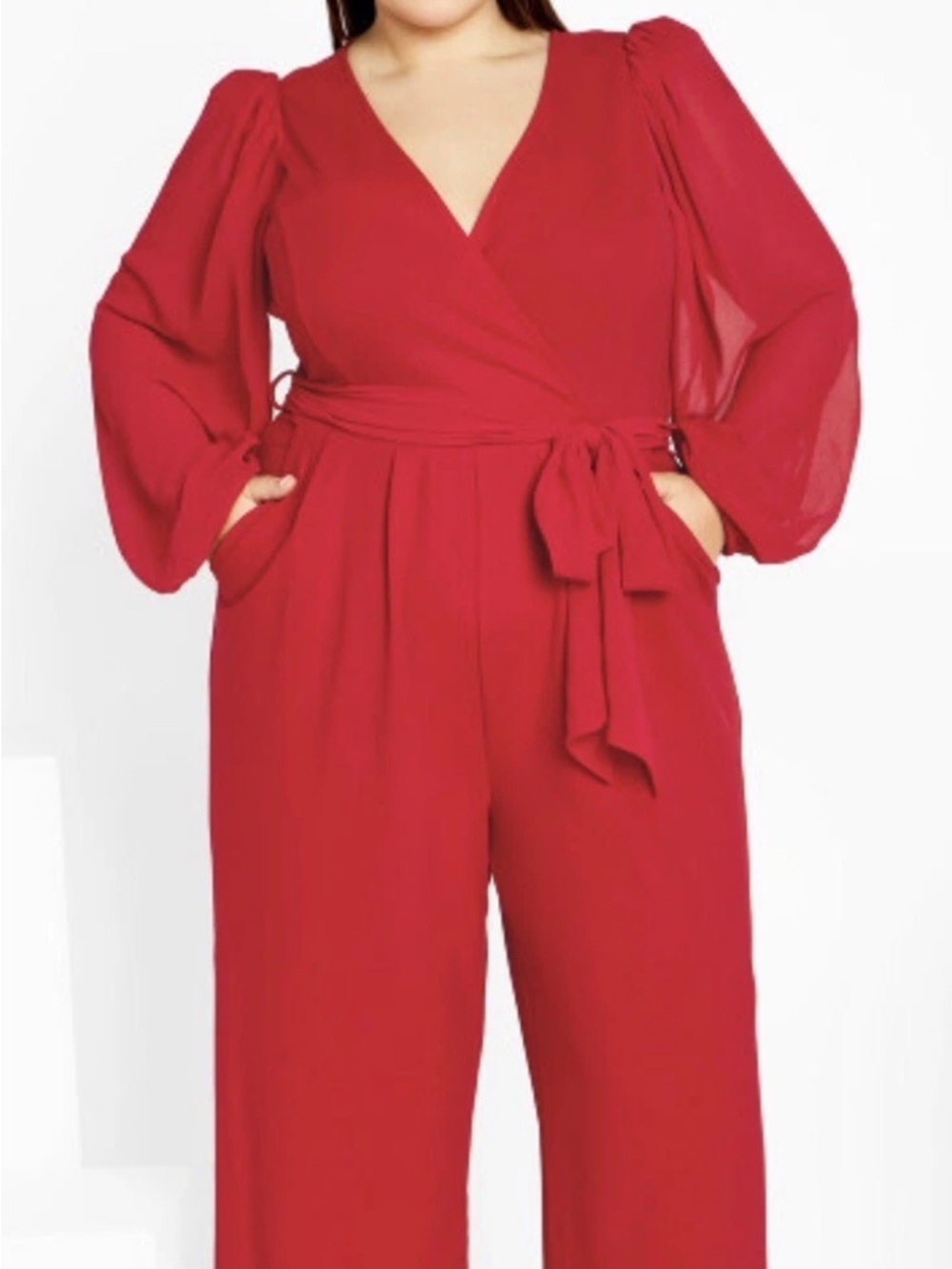 City Chic Cherry Red Wrap Jumpsuit with Tie Waist and Pockets